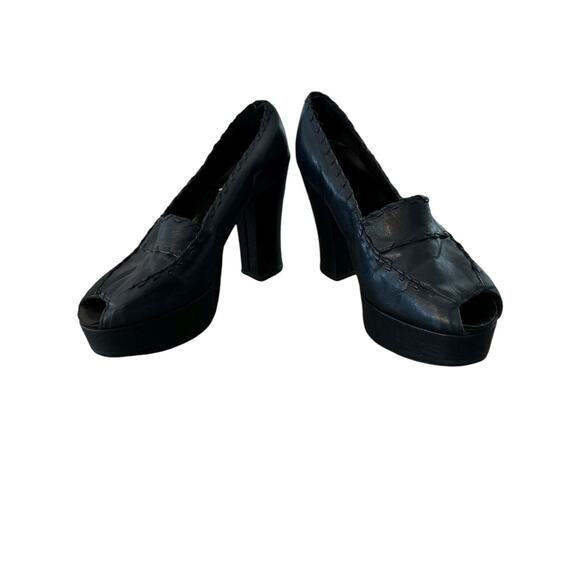 VINTAGE 70'S PATENT LEATHER NAVY PEEK TOE PLATFORMS PUMPS HEELS SZ 6 - Picture 2 of 6
